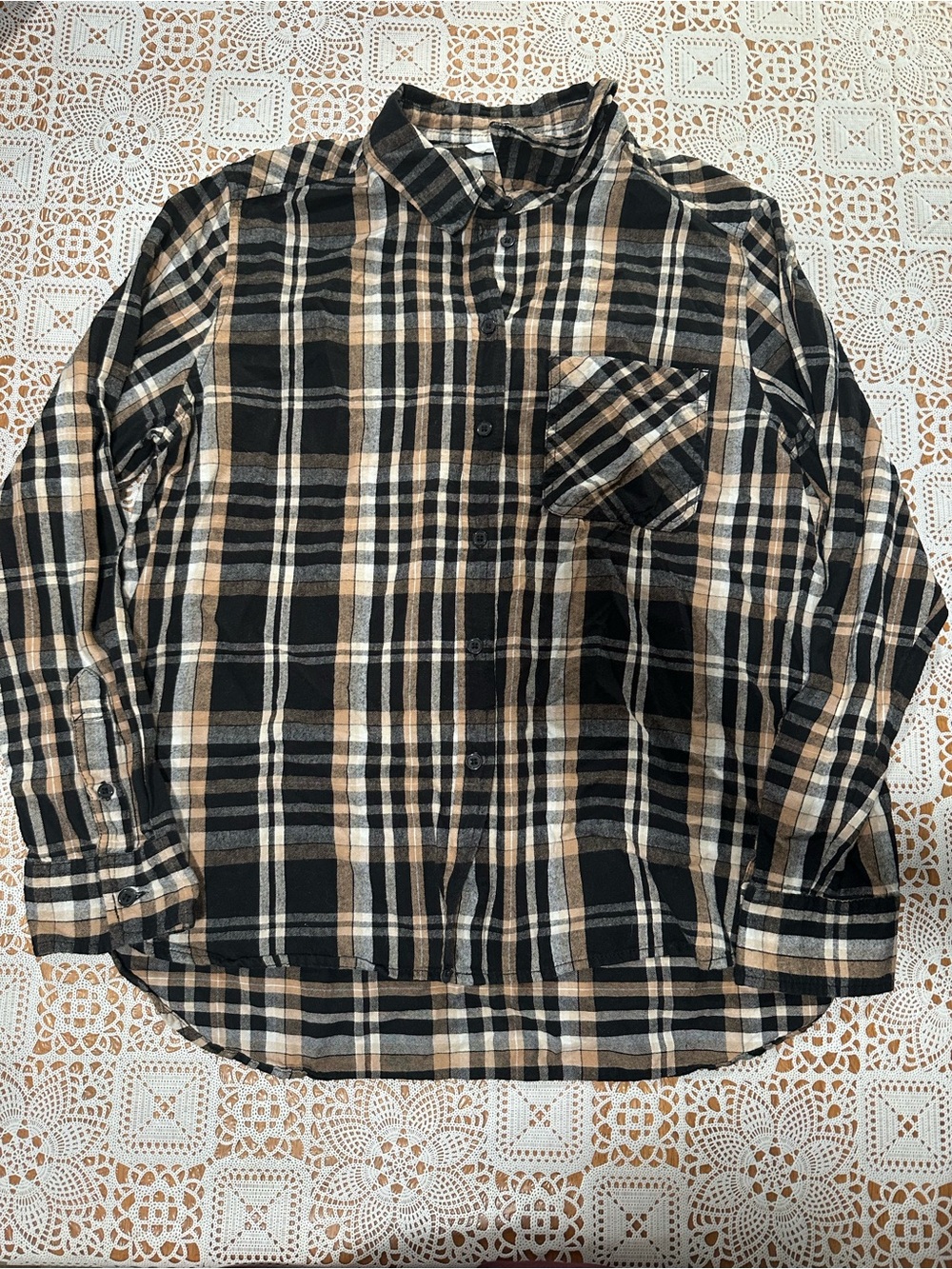Time and Tru Plaid Button Down Shirt Black Tan Size L 12-14